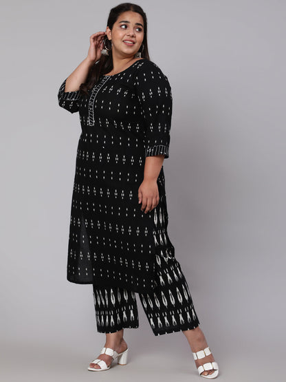 Women Plus Size Black Printed Straight Kurta With Plazo & Dupatta | LASVINI - Redefining Indian Fashion with Elegance