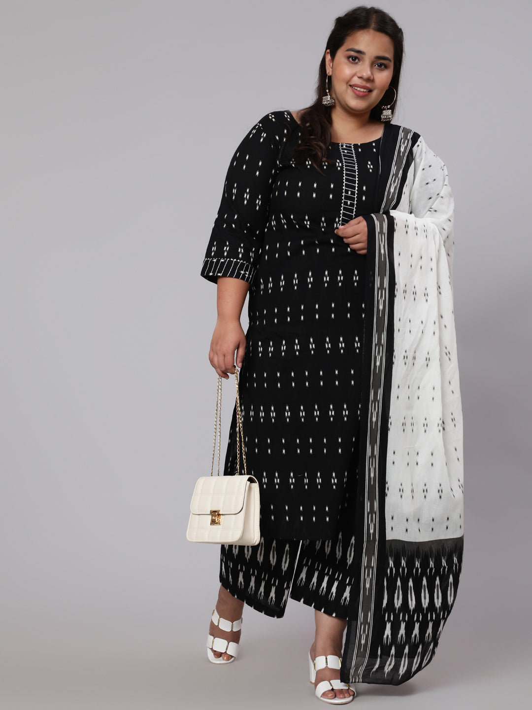 Women Plus Size Black Printed Straight Kurta With Plazo & Dupatta | LASVINI - Redefining Indian Fashion with Elegance
