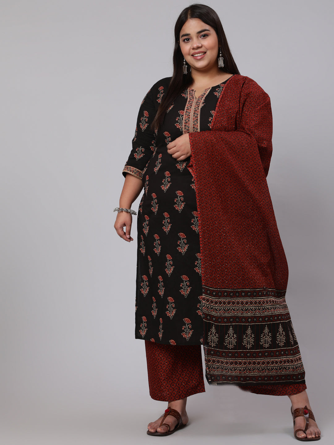 Women Plus Size Black Printed Straight Kurta With Plazo & Dupatta | LASVINI - Redefining Indian Fashion with Elegance