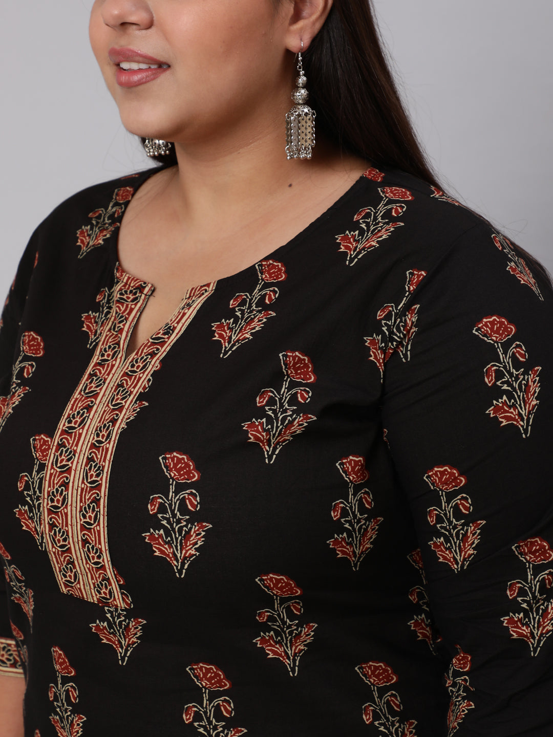 Women Plus Size Black Printed Straight Kurta With Plazo & Dupatta | LASVINI - Redefining Indian Fashion with Elegance