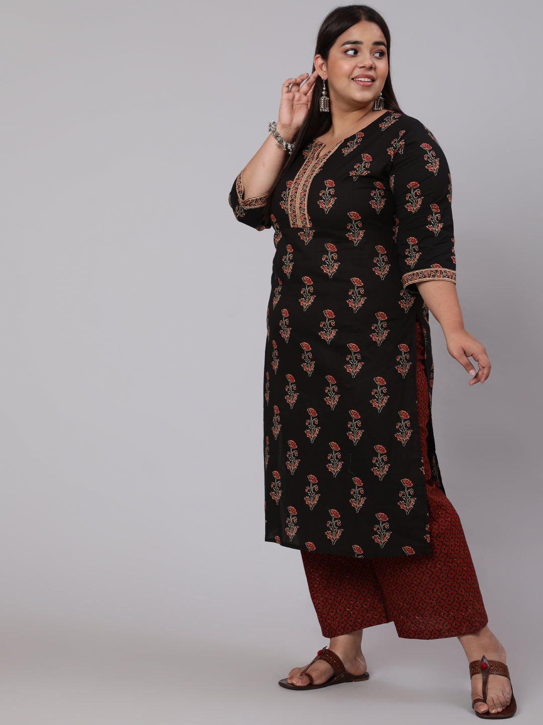 Women Plus Size Black Printed Straight Kurta With Plazo & Dupatta | LASVINI - Redefining Indian Fashion with Elegance