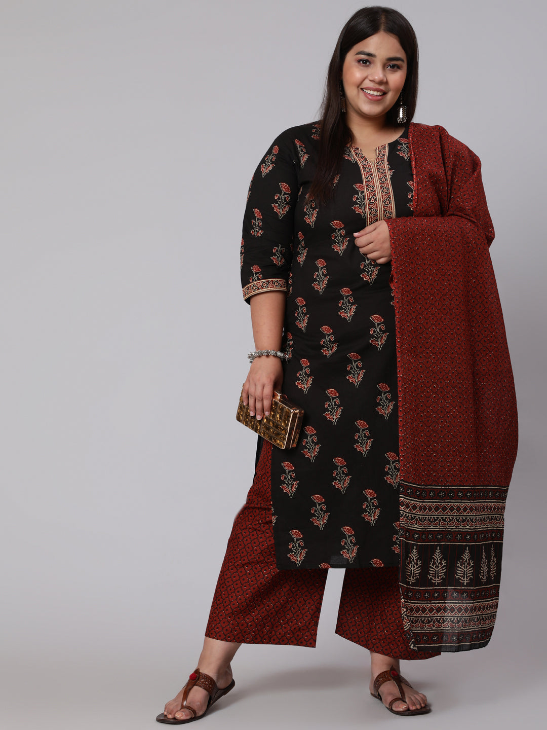 Women Plus Size Black Printed Straight Kurta With Plazo & Dupatta | LASVINI - Redefining Indian Fashion with Elegance