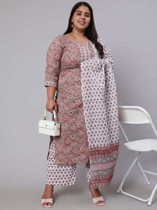 Women Plus Size Brown Printed Kurta And Palazzo With Dupatta | LASVINI - Redefining Indian Fashion with Elegance