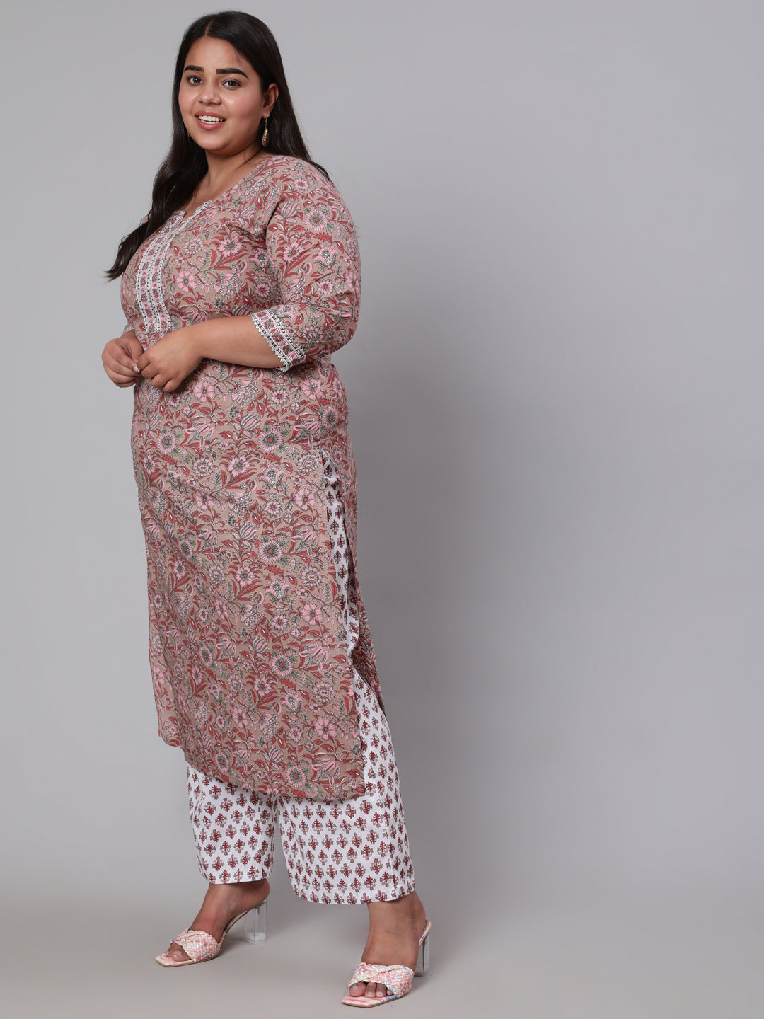 Women Plus Size Brown Printed Kurta And Palazzo With Dupatta | LASVINI - Redefining Indian Fashion with Elegance