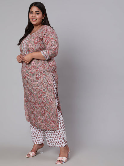 Women Plus Size Brown Printed Kurta And Palazzo With Dupatta | LASVINI - Redefining Indian Fashion with Elegance
