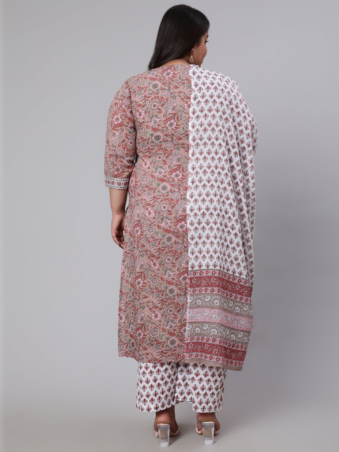 Women Plus Size Brown Printed Kurta And Palazzo With Dupatta | LASVINI - Redefining Indian Fashion with Elegance