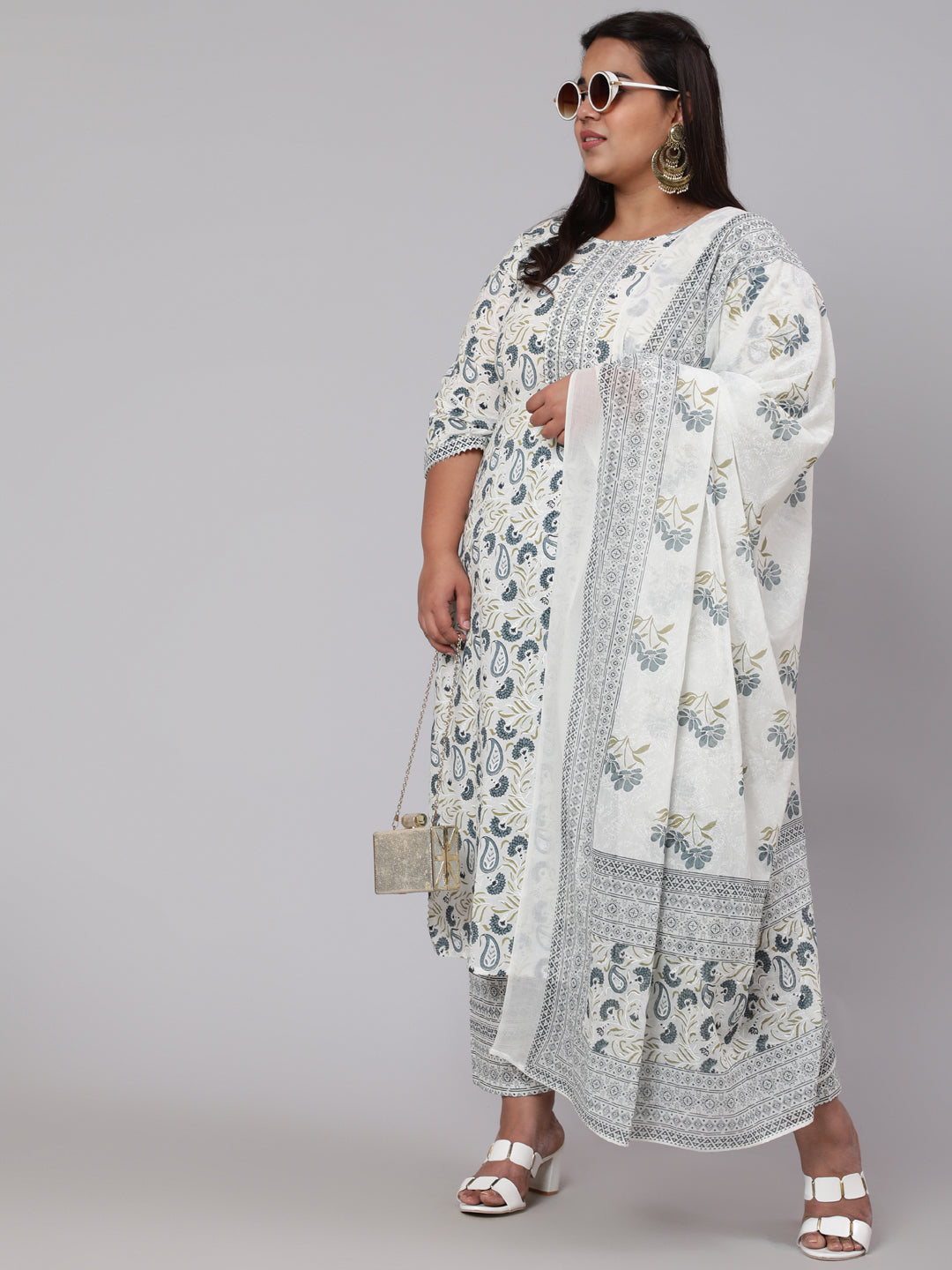 Women Plus Size Grey Printed Kurta And Palazzo With Dupatta | LASVINI - Redefining Indian Fashion with Elegance
