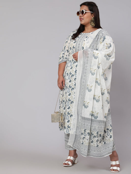 Women Plus Size Grey Printed Kurta And Palazzo With Dupatta | LASVINI - Redefining Indian Fashion with Elegance