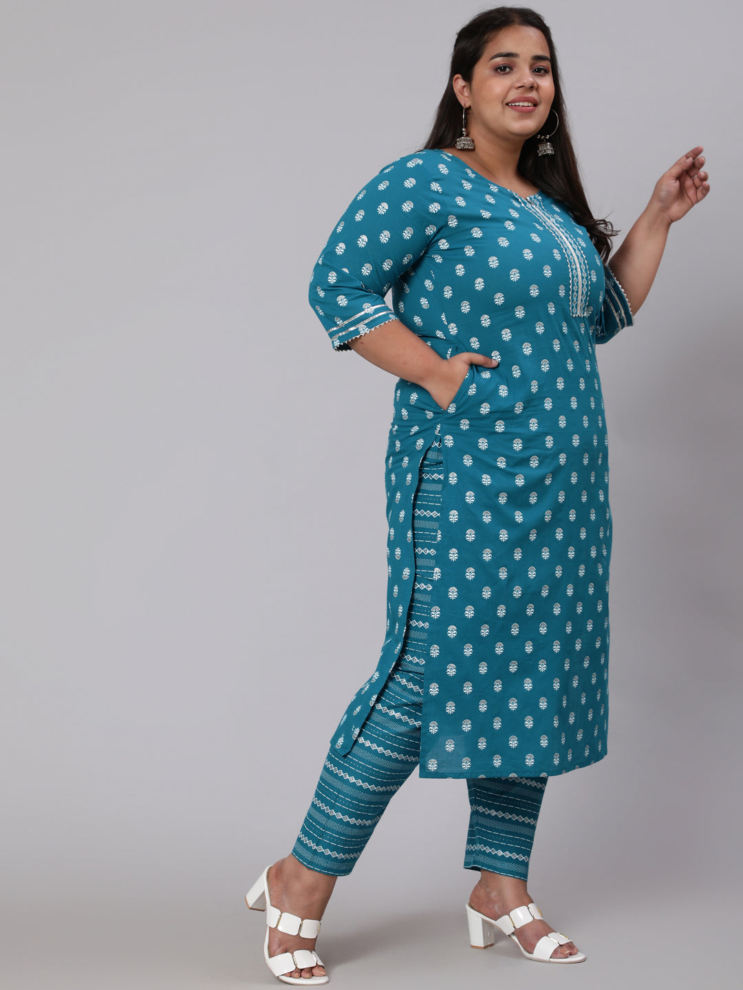 Women Plus Size Blue Printed Straight Kurta With Palazo & Dupatta | LASVINI - Redefining Indian Fashion with Elegance