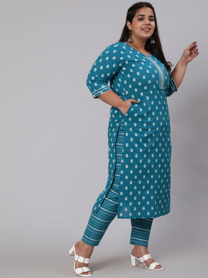Women Plus Size Blue Printed Straight Kurta With Palazo & Dupatta | LASVINI - Redefining Indian Fashion with Elegance