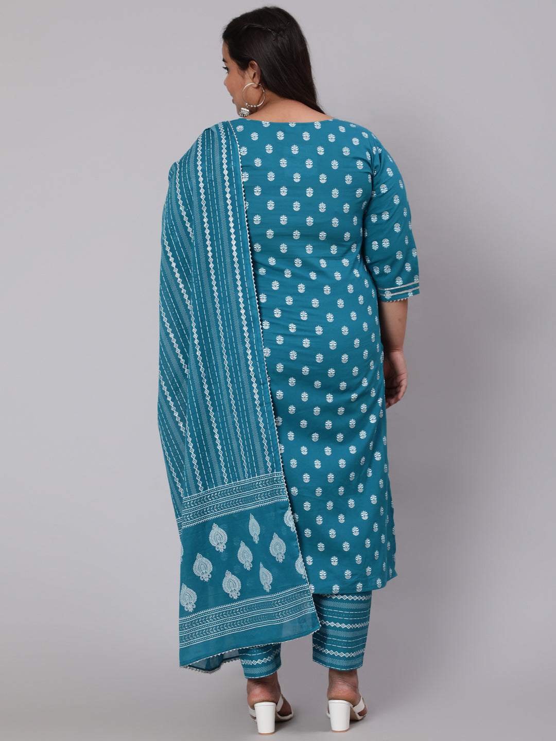 Women Plus Size Blue Printed Straight Kurta With Palazo & Dupatta | LASVINI - Redefining Indian Fashion with Elegance