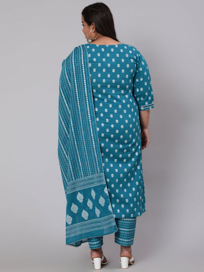 Women Plus Size Blue Printed Straight Kurta With Palazo & Dupatta | LASVINI - Redefining Indian Fashion with Elegance