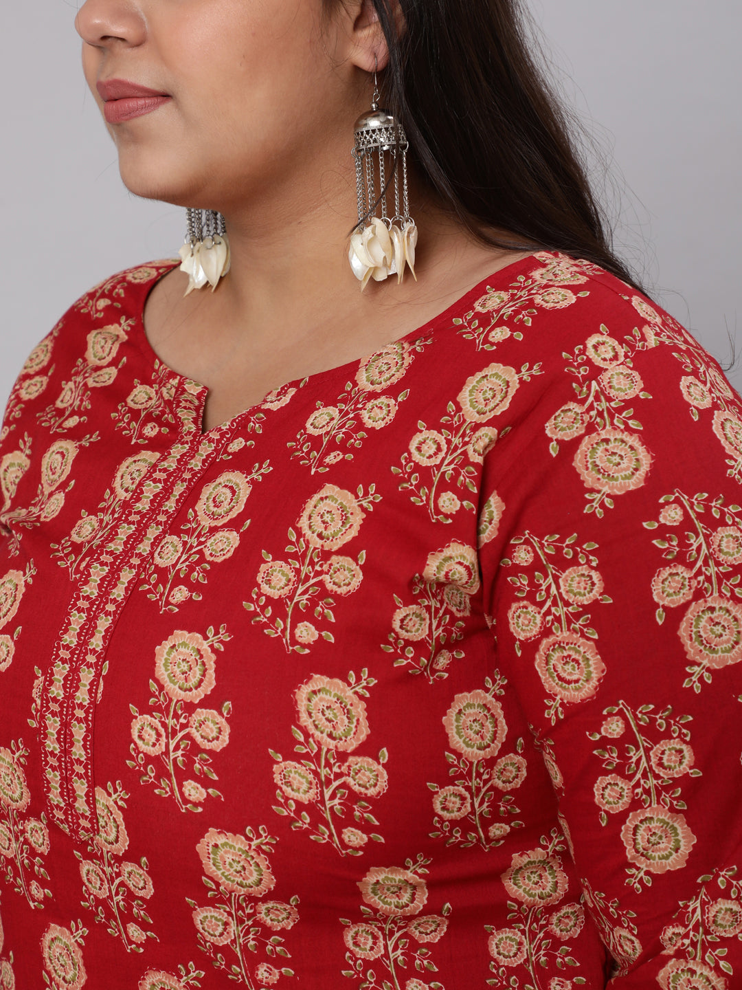 Plus Size Women Red & Beige Printed Straight Kurta With Three Quarters Sleeves | LASVINI - Redefining Indian Fashion with Elegance