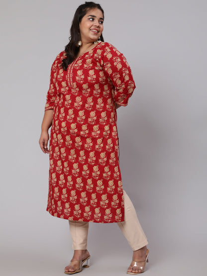 Plus Size Women Red & Beige Printed Straight Kurta With Three Quarters Sleeves | LASVINI - Redefining Indian Fashion with Elegance