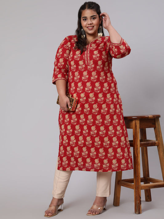 Plus Size Women Red & Beige Printed Straight Kurta With Three Quarters Sleeves | LASVINI - Redefining Indian Fashion with Elegance