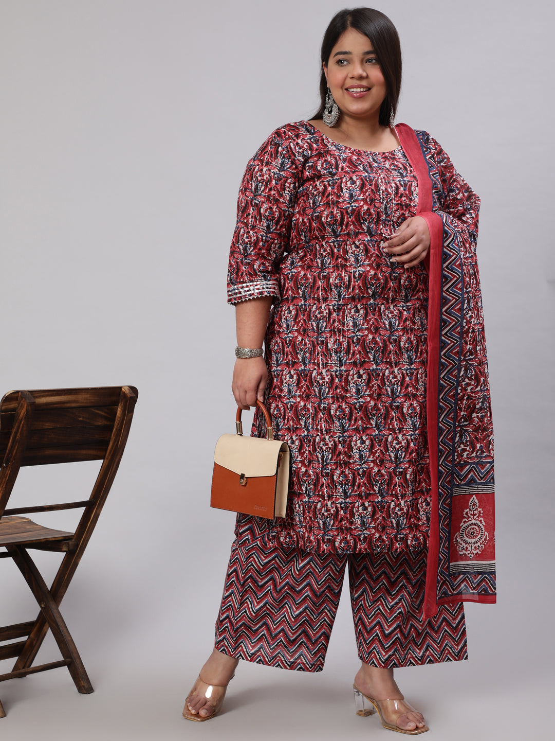 Women Plus Size Maroon Printed Kurta And Palazzo With Dupatta | LASVINI - Redefining Indian Fashion with Elegance