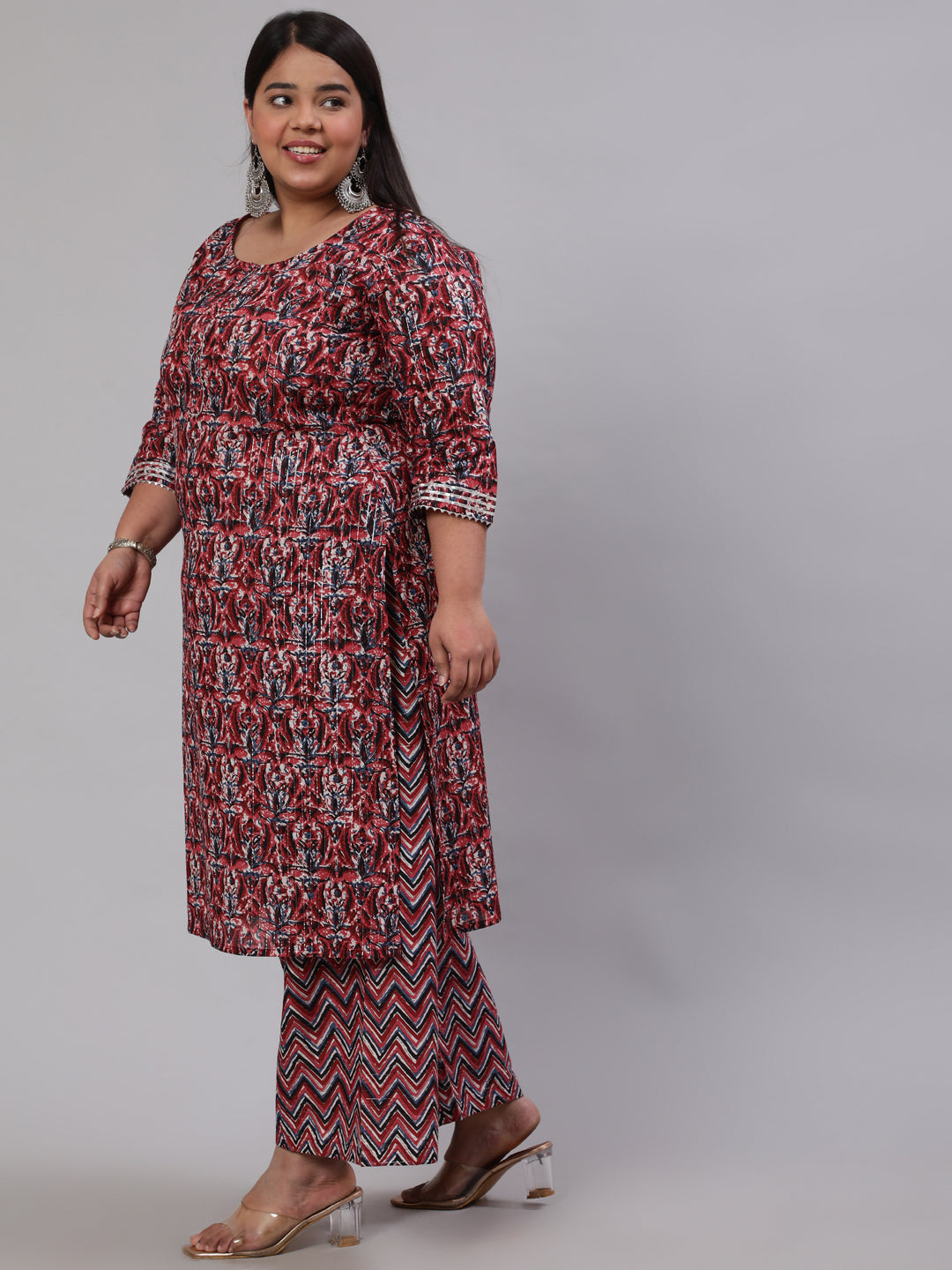 Women Plus Size Maroon Printed Kurta And Palazzo With Dupatta | LASVINI - Redefining Indian Fashion with Elegance