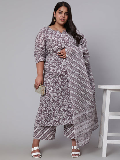 Women Plus Size Grey Printed Kurta And Palazzo With Dupatta | LASVINI - Redefining Indian Fashion with Elegance