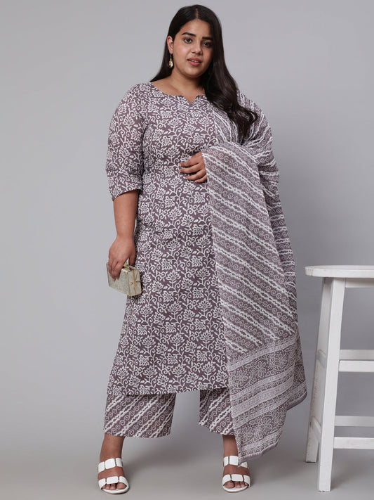 Women Plus Size Grey Printed Kurta And Palazzo With Dupatta | LASVINI - Redefining Indian Fashion with Elegance