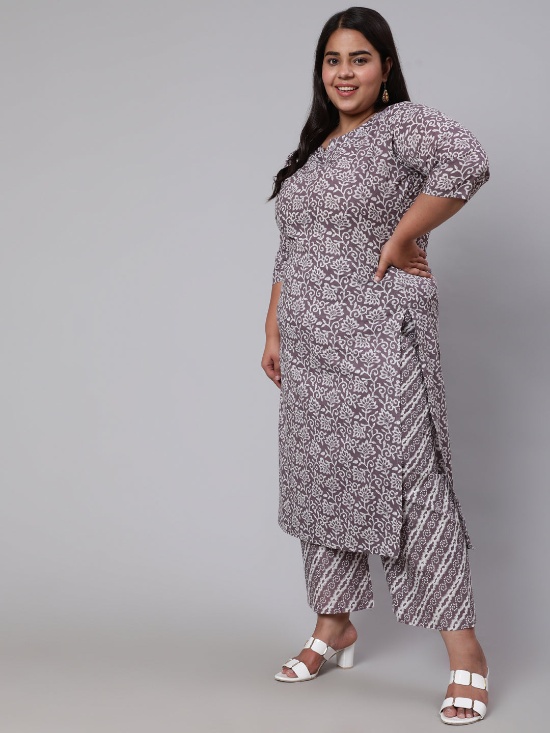 Women Plus Size Grey Printed Kurta And Palazzo With Dupatta | LASVINI - Redefining Indian Fashion with Elegance