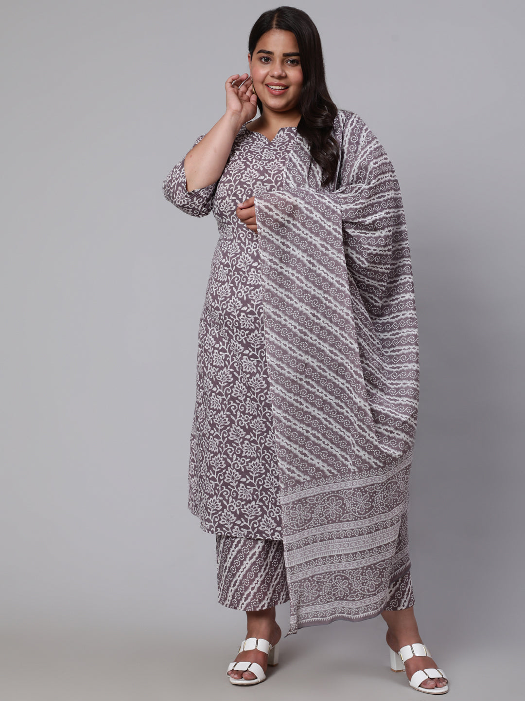 Women Plus Size Grey Printed Kurta And Palazzo With Dupatta | LASVINI - Redefining Indian Fashion with Elegance