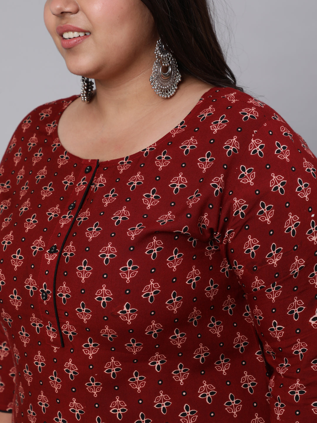 Plus Size Women  Maroon Printed Straight Kurta With Three Quarters Sleeves | LASVINI - Redefining Indian Fashion with Elegance