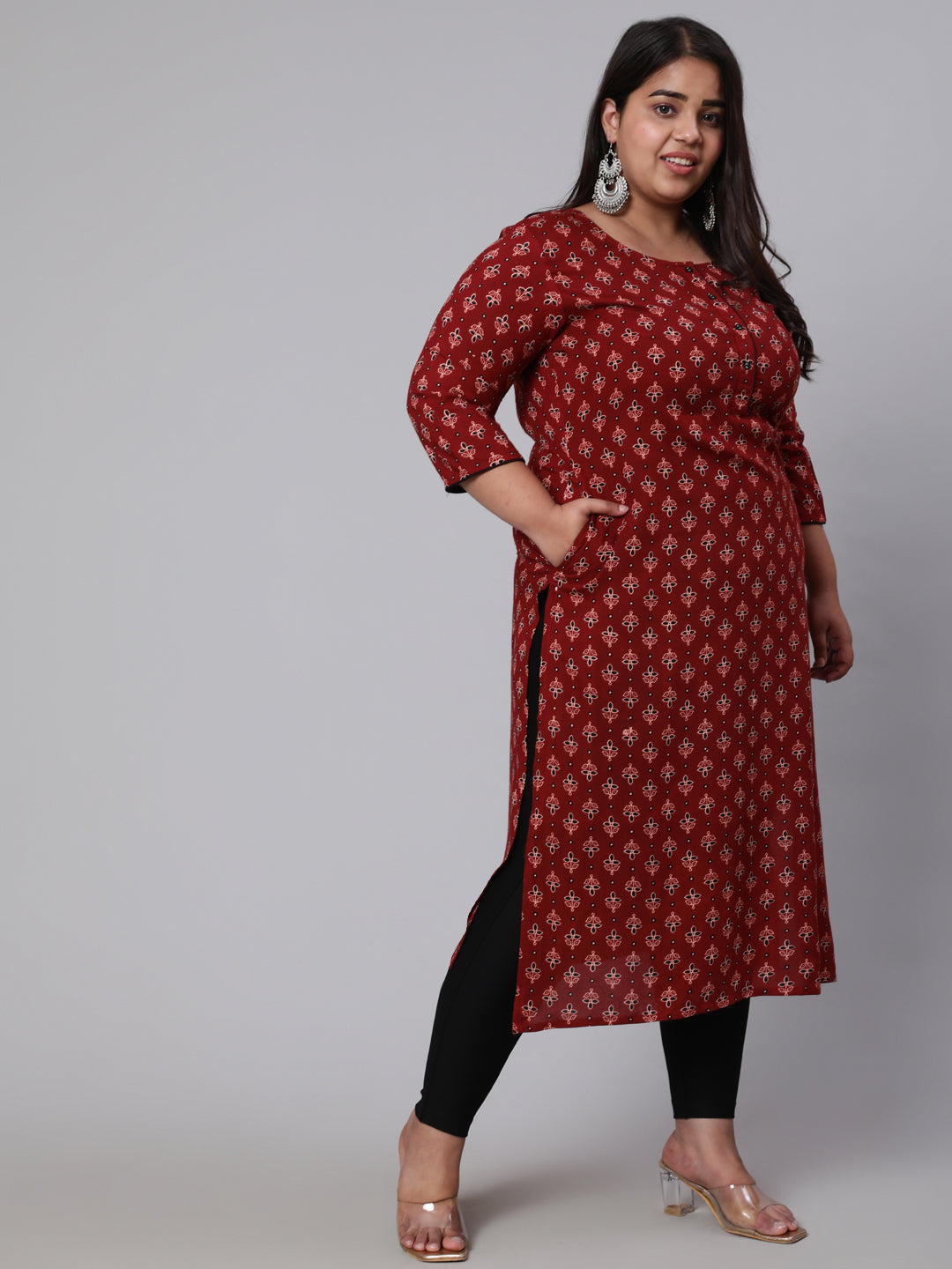 Plus Size Women  Maroon Printed Straight Kurta With Three Quarters Sleeves | LASVINI - Redefining Indian Fashion with Elegance
