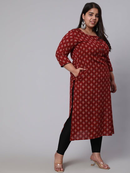 Plus Size Women  Maroon Printed Straight Kurta With Three Quarters Sleeves | LASVINI - Redefining Indian Fashion with Elegance