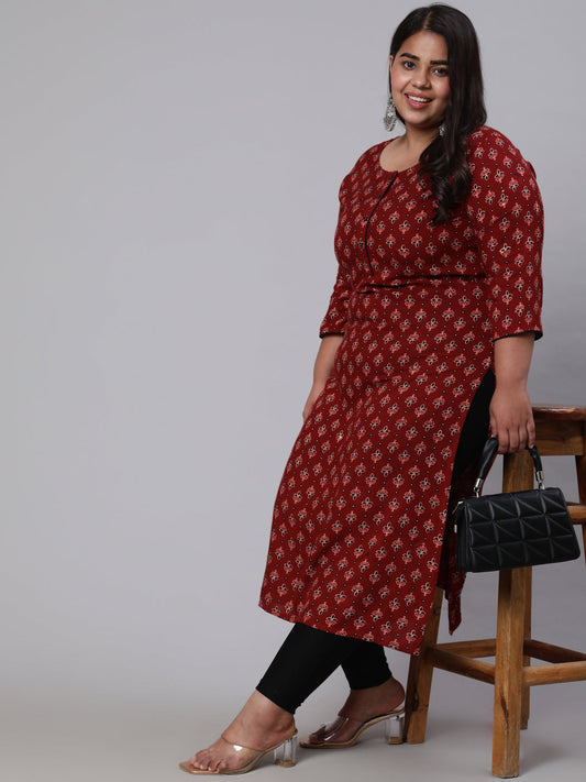 Plus Size Women  Maroon Printed Straight Kurta With Three Quarters Sleeves | LASVINI - Redefining Indian Fashion with Elegance