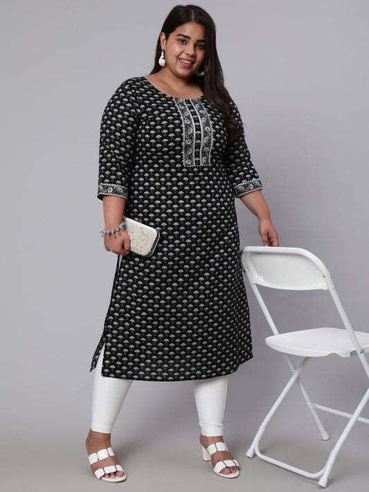 Women Plus Size Black Ethnic Printed Straight Kurta | LASVINI - Redefining Indian Fashion with Elegance