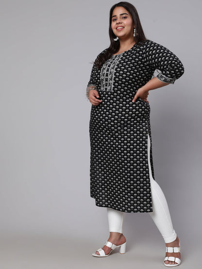 Women Plus Size Black Ethnic Printed Straight Kurta | LASVINI - Redefining Indian Fashion with Elegance