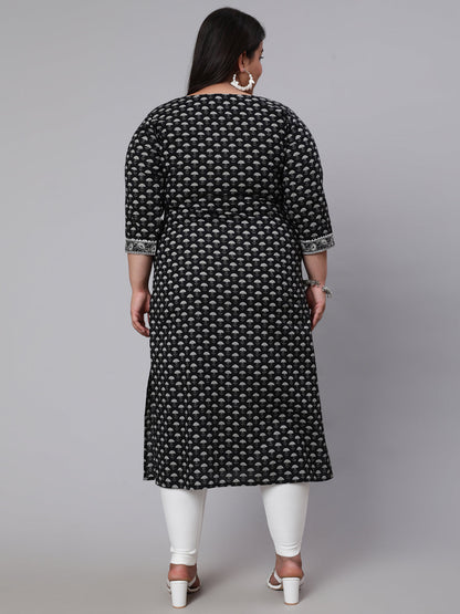 Women Plus Size Black Ethnic Printed Straight Kurta | LASVINI - Redefining Indian Fashion with Elegance
