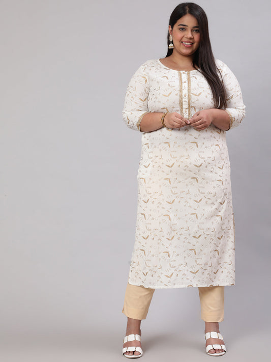 Plus Size Women Off White Printed Straight Kurta With Three Quarters Sleeves | LASVINI - Redefining Indian Fashion with Elegance