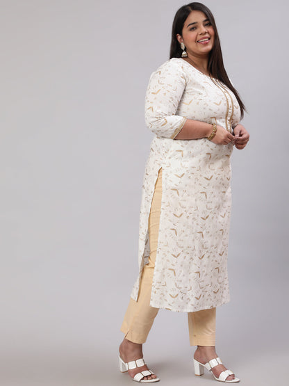 Plus Size Women Off White Printed Straight Kurta With Three Quarters Sleeves | LASVINI - Redefining Indian Fashion with Elegance