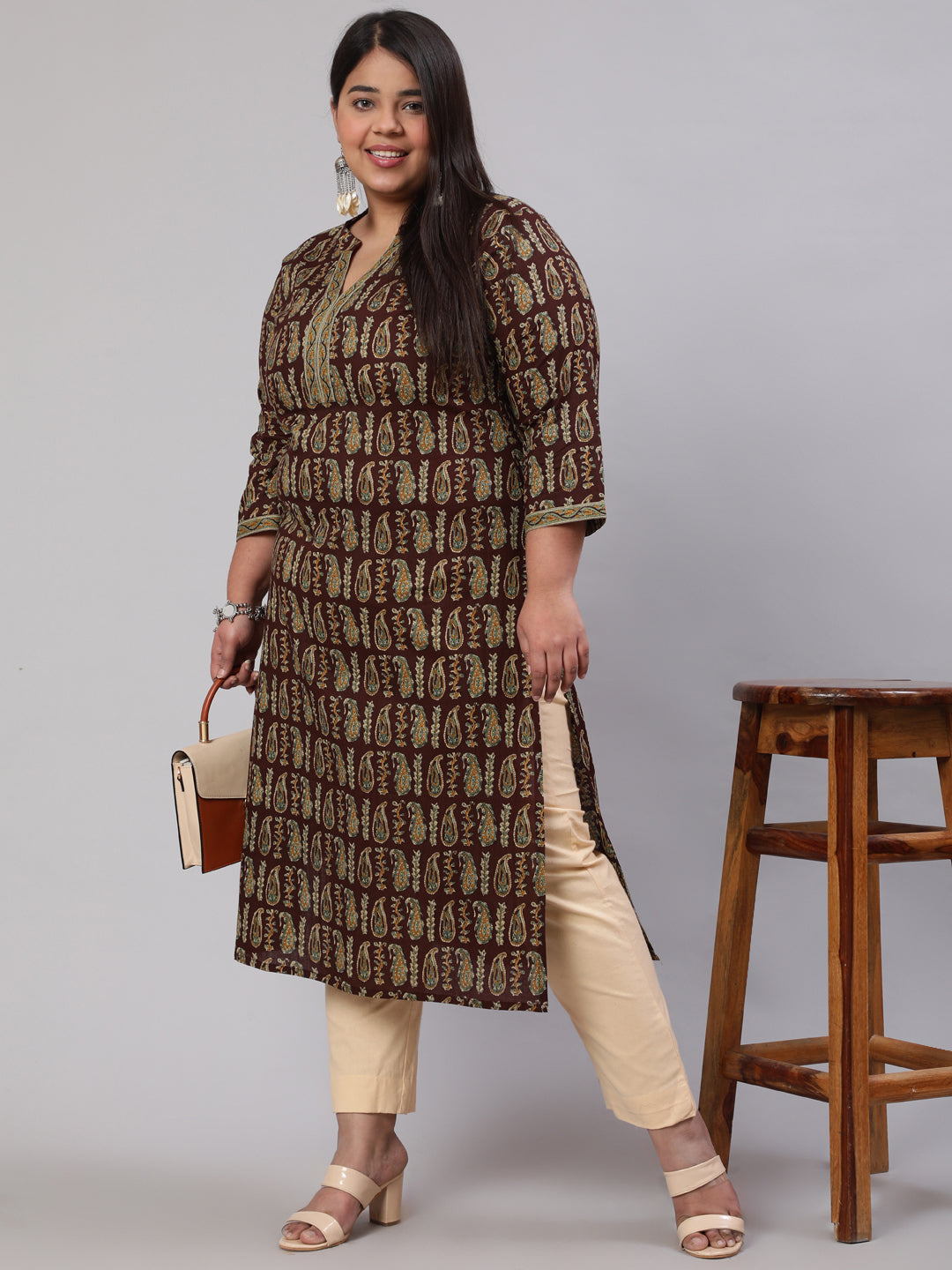 Plus Size Women  Brown Printed Straight Kurta With Three Quarters Sleeves | LASVINI - Redefining Indian Fashion with Elegance