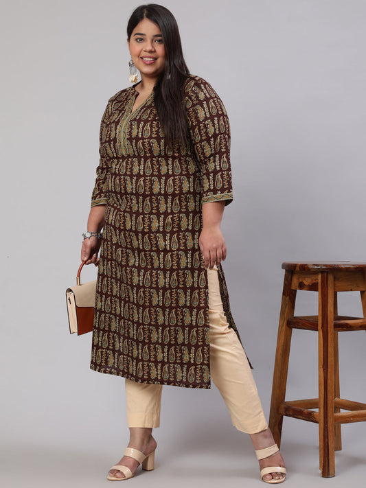 Plus Size Women  Brown Printed Straight Kurta With Three Quarters Sleeves | LASVINI - Redefining Indian Fashion with Elegance