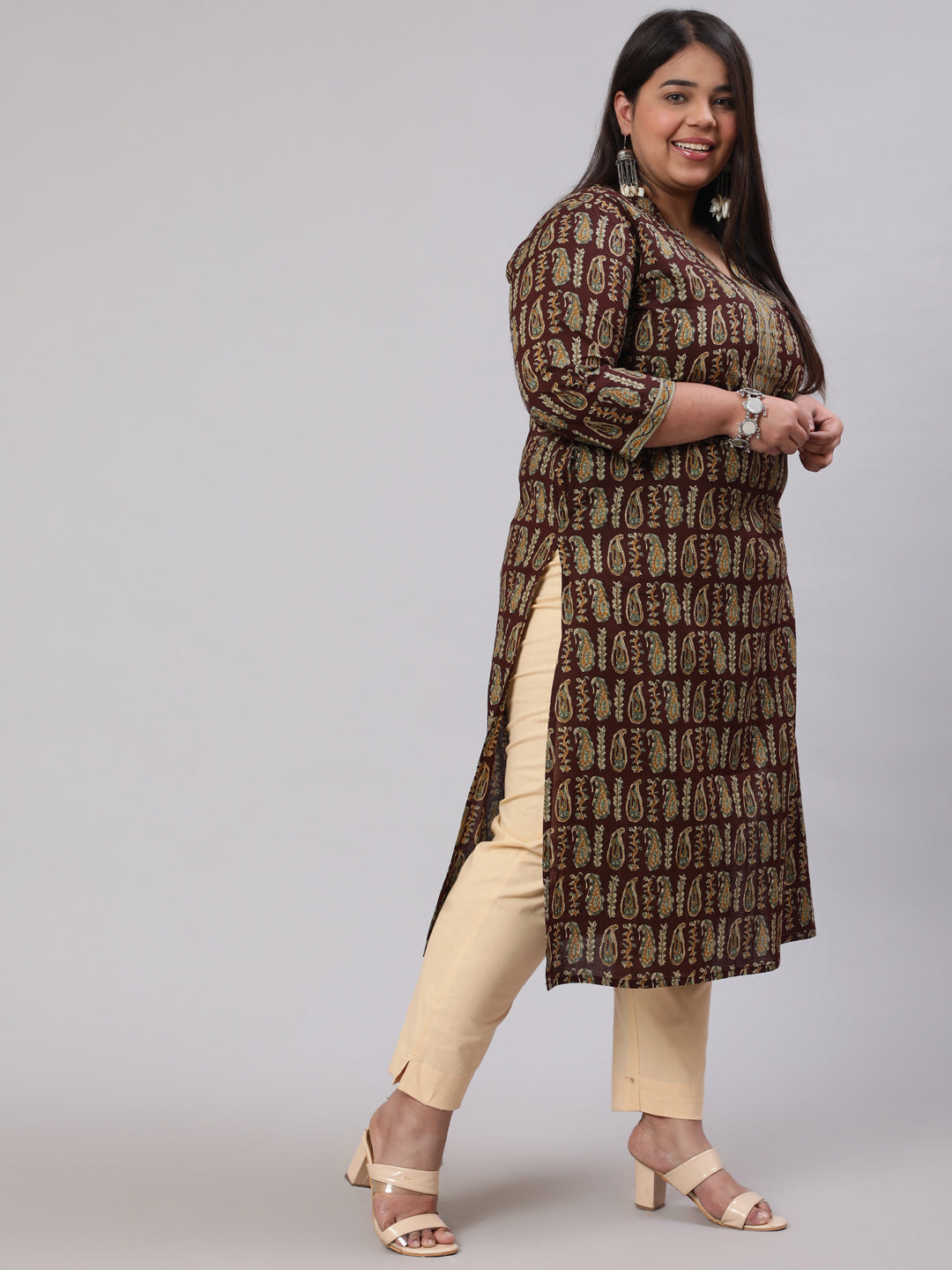 Plus Size Women  Brown Printed Straight Kurta With Three Quarters Sleeves | LASVINI - Redefining Indian Fashion with Elegance