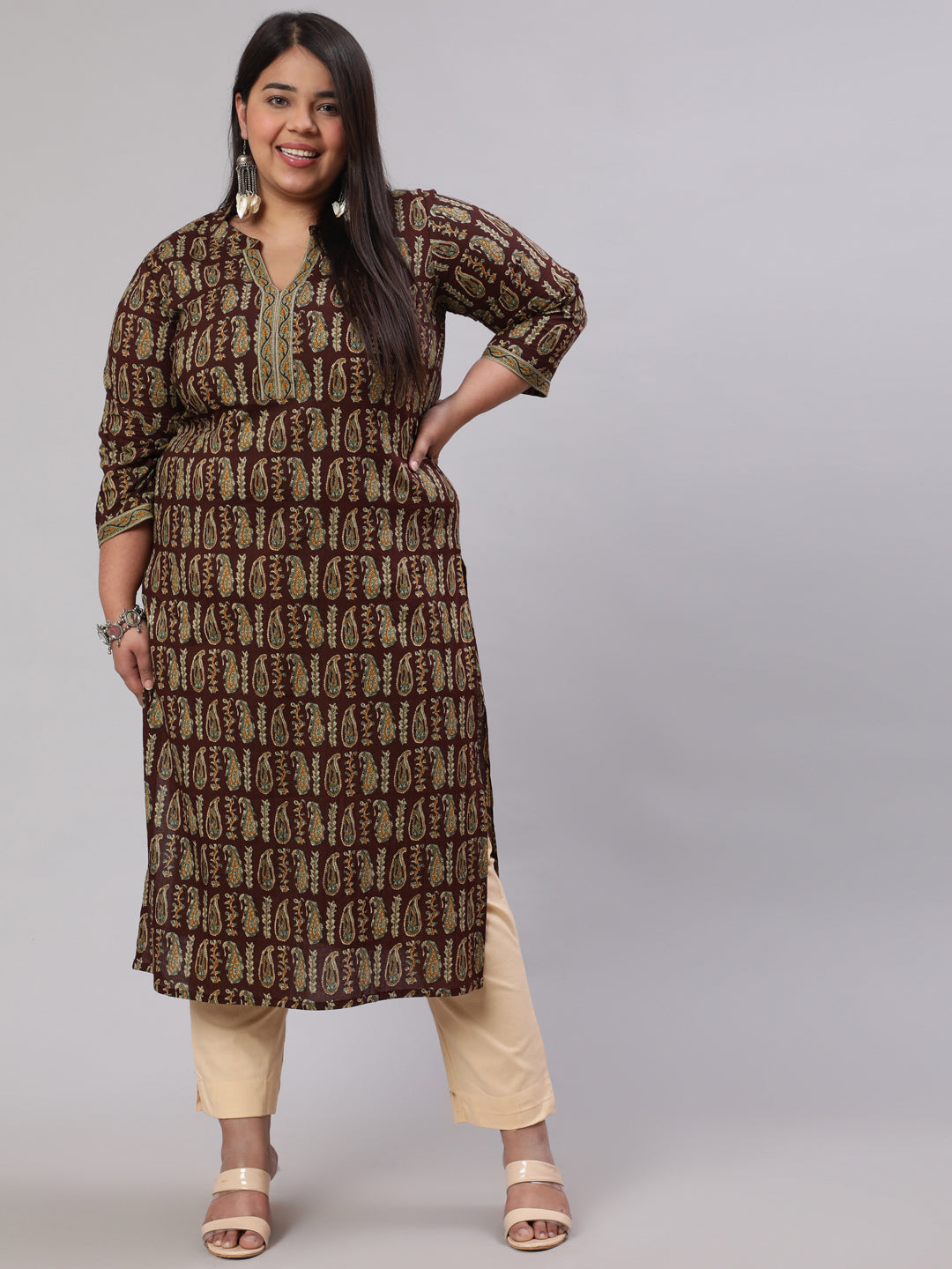 Plus Size Women  Brown Printed Straight Kurta With Three Quarters Sleeves | LASVINI - Redefining Indian Fashion with Elegance
