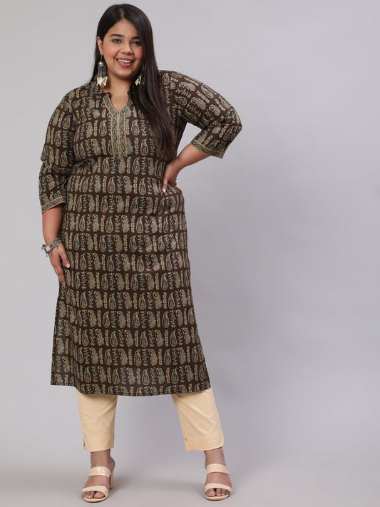 Plus Size Women  Dark Brown Printed Straight Kurta With Three Quarters Sleeves | LASVINI - Redefining Indian Fashion with Elegance
