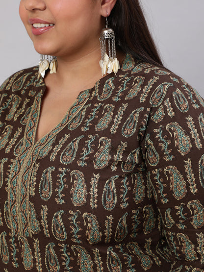 Plus Size Women  Dark Brown Printed Straight Kurta With Three Quarters Sleeves | LASVINI - Redefining Indian Fashion with Elegance