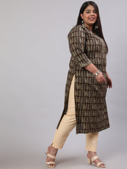 Plus Size Women  Dark Brown Printed Straight Kurta With Three Quarters Sleeves | LASVINI - Redefining Indian Fashion with Elegance