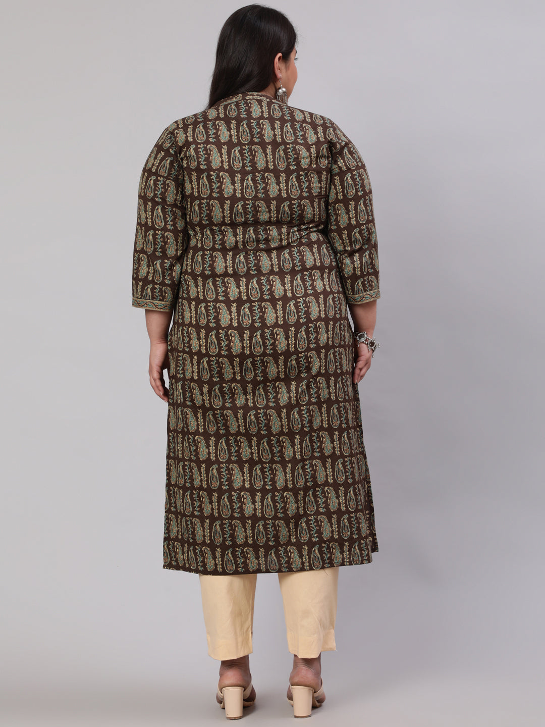 Plus Size Women  Dark Brown Printed Straight Kurta With Three Quarters Sleeves | LASVINI - Redefining Indian Fashion with Elegance