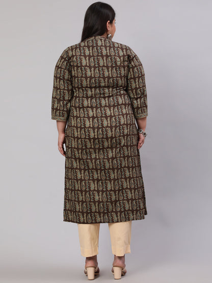 Plus Size Women  Dark Brown Printed Straight Kurta With Three Quarters Sleeves | LASVINI - Redefining Indian Fashion with Elegance