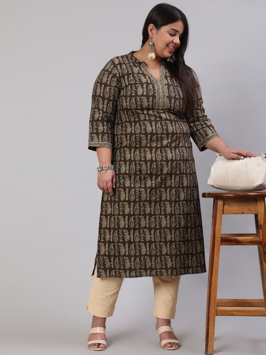Plus Size Women  Dark Brown Printed Straight Kurta With Three Quarters Sleeves | LASVINI - Redefining Indian Fashion with Elegance