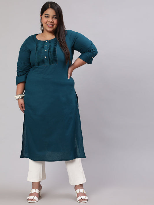 Plus Size Women  Teal Blue Printed Straight Kurta With Three Quarters Sleeves | LASVINI - Redefining Indian Fashion with Elegance