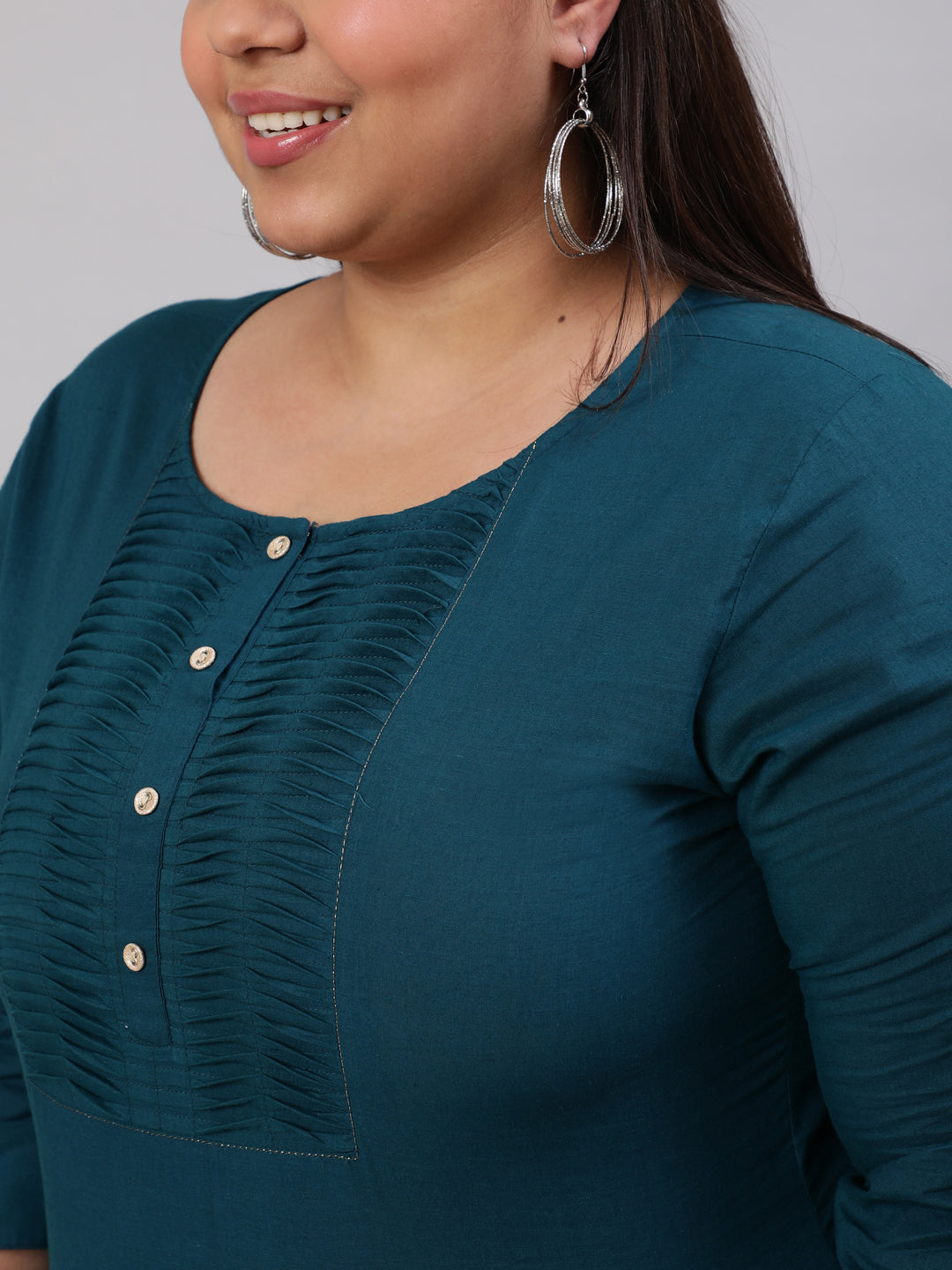 Plus Size Women  Teal Blue Printed Straight Kurta With Three Quarters Sleeves | LASVINI - Redefining Indian Fashion with Elegance