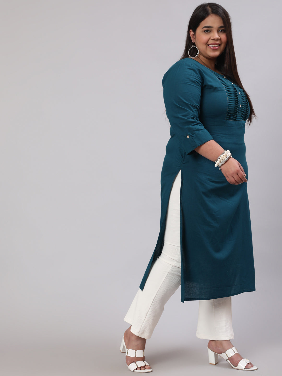 Plus Size Women  Teal Blue Printed Straight Kurta With Three Quarters Sleeves | LASVINI - Redefining Indian Fashion with Elegance