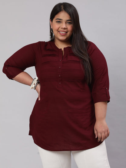 Women Plus Size Burgundy Ethnic Tunic With Three Quarter Sleeves | LASVINI - Redefining Indian Fashion with Elegance
