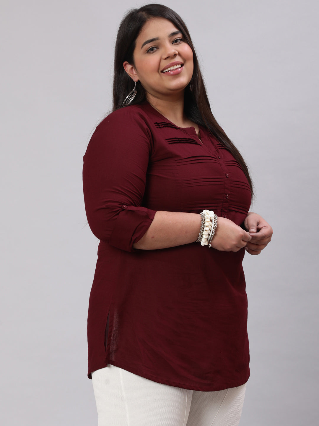Women Plus Size Burgundy Ethnic Tunic With Three Quarter Sleeves | LASVINI - Redefining Indian Fashion with Elegance