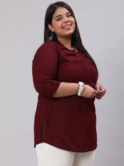 Women Plus Size Burgundy Ethnic Tunic With Three Quarter Sleeves | LASVINI - Redefining Indian Fashion with Elegance